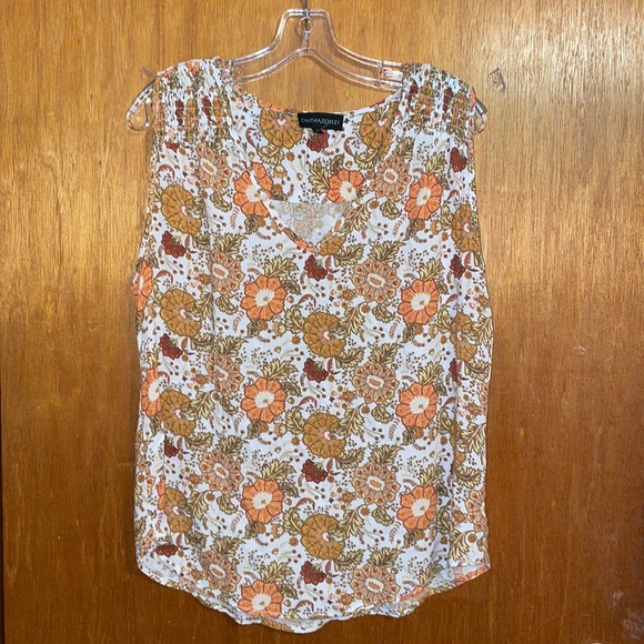 •CYNTHIA ROWLEY•BOHO IVORY FLORAL SMOCKING SHOULDER V NECK TANK TOP MEDIUM EUC - Picture 7 of 7